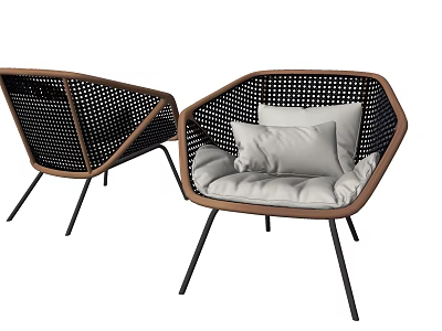 Modern Leisure Chair with Hexagonal Shape Woven Design Brown Frame Black Legs and White Cushions 3d model