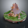 Charming Cartoon Scene With Small House Windmill Green Grass And Small Path 3d model