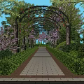 Beautiful Pergola With Green Trees Purple Flowers Hedges And Scenic Brick Path Under Blue Sky