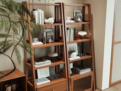 Modern Wooden Ladder Bookshelves With Books Decorative Vases And Photo Frames In Living Room 3d model