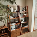 Modern Wooden Ladder Bookshelves With Books Decorative Vases And Photo Frames In Living Room