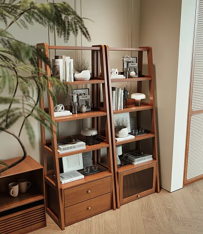 Modern Wooden Ladder Bookshelves With Books Decorative Vases And Photo Frames In Living Room 3d model