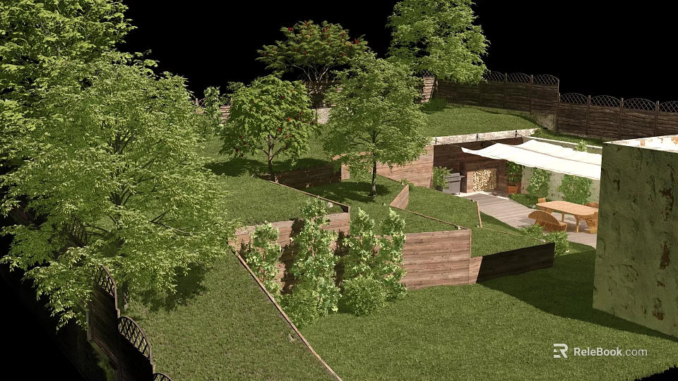 Lush Garden Landscape With Tiered Lawn Trees Wooden Structures And Outdoor Seating 3d model 