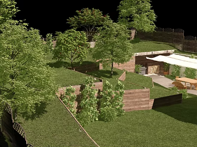 Lush Garden Landscape With Tiered Lawn Trees Wooden Structures And Outdoor Seating 3d model