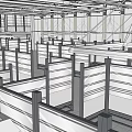 Spacious Modern Office Layout With Cubicles Bookshelves Workstations And Ceiling Fixtures