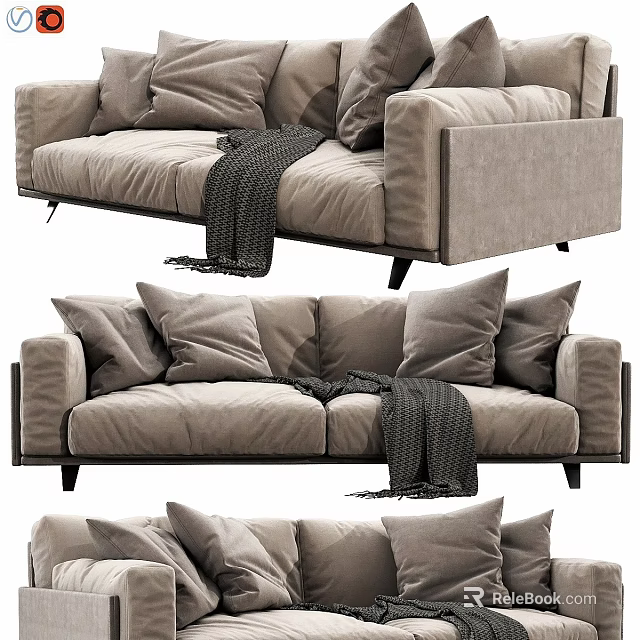 Modern Beige Sofa Interior With Multiple Cushions And Cozy Throw Blanket 3d model 