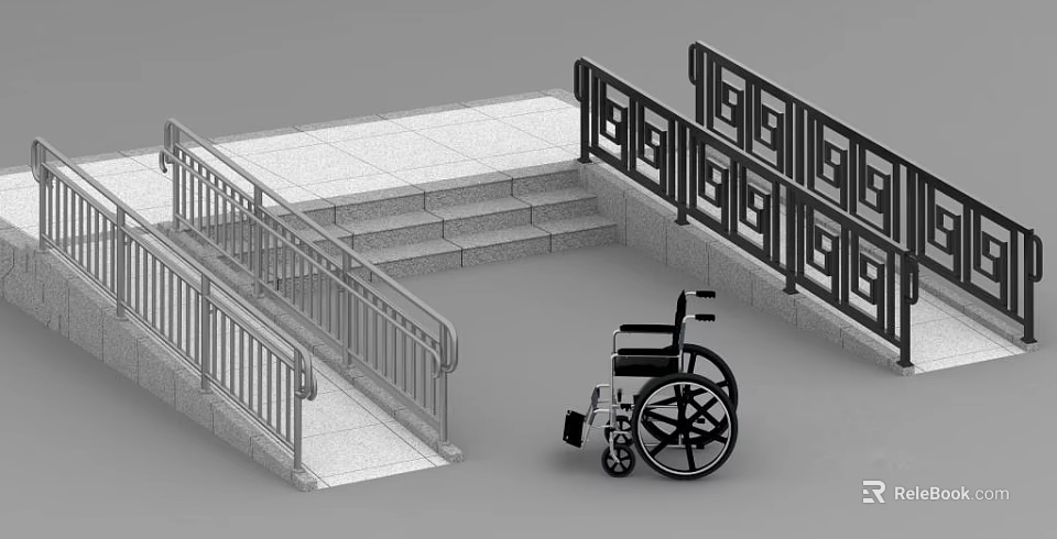 Decorative Patterned Railing with Wheelchair Accessible Ramp and Steps 3d model 