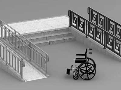 Decorative Patterned Railing with Wheelchair Accessible Ramp and Steps 3d model