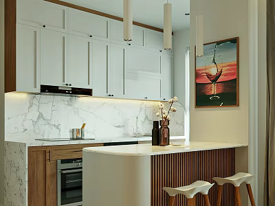 Elegant Modern Kitchen Interior With White Cabinets Marble Countertop Island And Wine Glass Artwork 3d model