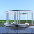 Modern White Circular Pergola With Columns Seats And Water Pool Reflection On Grass Lawn