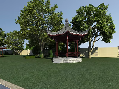 Traditional Chinese Ancient Pavilion With Classic Roof Surrounded By Green Trees And Grassland 3d model