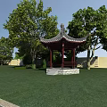 Traditional Chinese Ancient Pavilion With Classic Roof Surrounded By Green Trees And Grassland