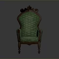 Vintage Green Armchair with Diamond Pattern Fabric Wooden Arms and Carved Top