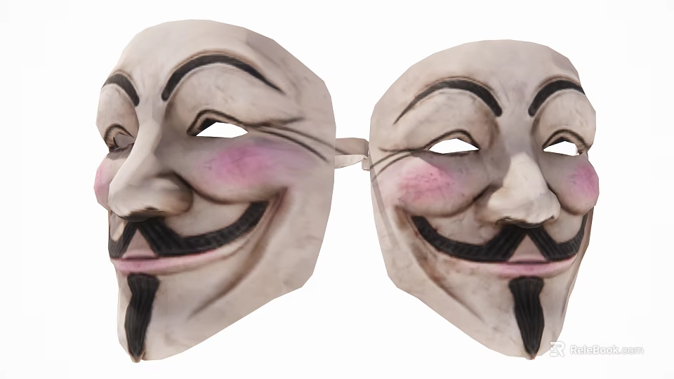 Two White V for Vendetta Style Mask Hanging Ornaments With Black Beard And Pink Cheeks 3d model 
