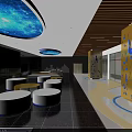 Modern Internet Cafe Interior With Starry Ceiling Wooden Decor And Music Note Pillars