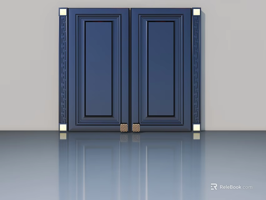 Dark Blue Double Hinged Doors With Decorative Frames And Golden Doorstops 3d model