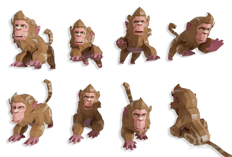 3D Monkey Character Models With Various Poses And Brown Fur Details 3d model