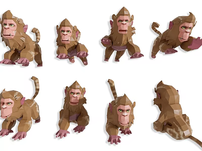 3D Monkey Character Models With Various Poses And Brown Fur Details 3d model