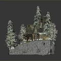 Scenic Landscape Featuring Wooden Cabin Bridge Waterfall And Pine Trees On Rocky Terrain