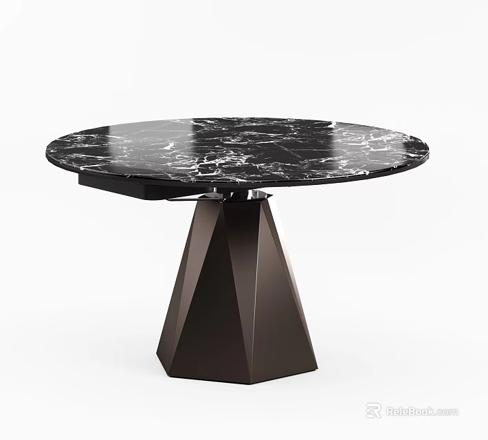 Modern Round Dining Table With Black Marble Top And Geometric Cone Base 3d model
