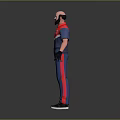 Bald Bearded Game Movie Character With Blue Red Jumpsuit And Black Gloves Standing