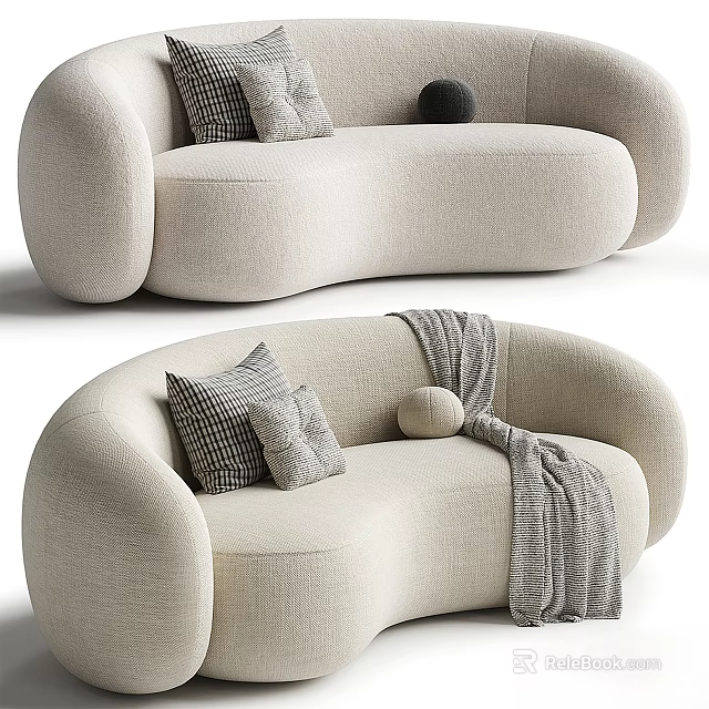 Comfortable Beige Curved Multi seater Sofa With Plush Pillows And Cozy Throw Blanket 3d model 