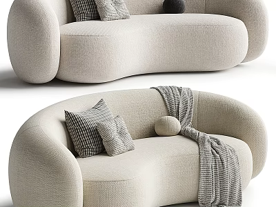 Comfortable Beige Curved Multi seater Sofa With Plush Pillows And Cozy Throw Blanket 3d model