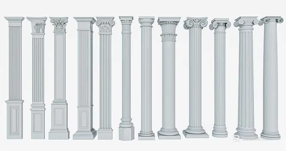 Various Classical Roman Columns with Ornate Capital Shaft and Architectural Design Details 3d model 