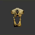 Yellowish Brown Animal Skull With Spotted Surface Open Mouth And Sharp Teeth On Dark Background