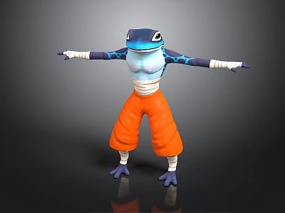 Anthropomorphic Blue Frog Character With Orange Pants And Blue Markings In Arms Outstretched Pose 3d model