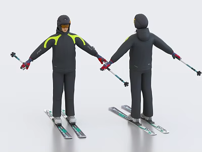 Man in Skiing Outfit With Helmet Ski Poles And Skis 3d model