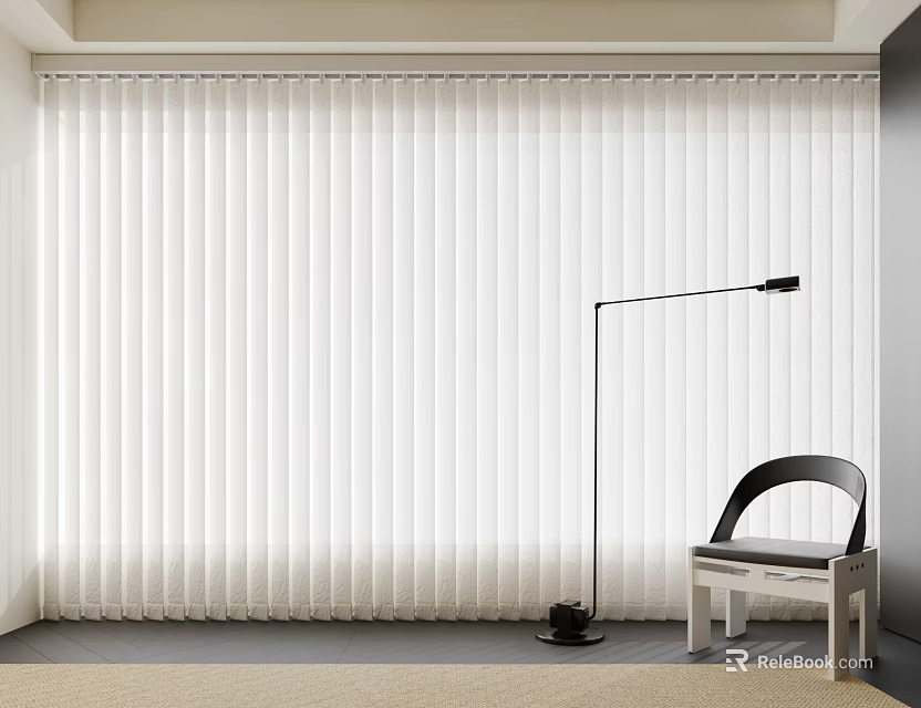 Stylish Vertical Blinds In Modern Interior With Floor Lamp And Accent Chair 3d model 