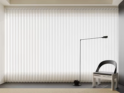 Stylish Vertical Blinds In Modern Interior With Floor Lamp And Accent Chair 3d model