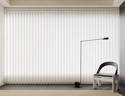 Stylish Vertical Blinds In Modern Interior With Floor Lamp And Accent Chair 3d model
