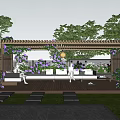 Serene Courtyard Garden With Wooden Pergola Purple Vines White Sofas And Lawn Pathways