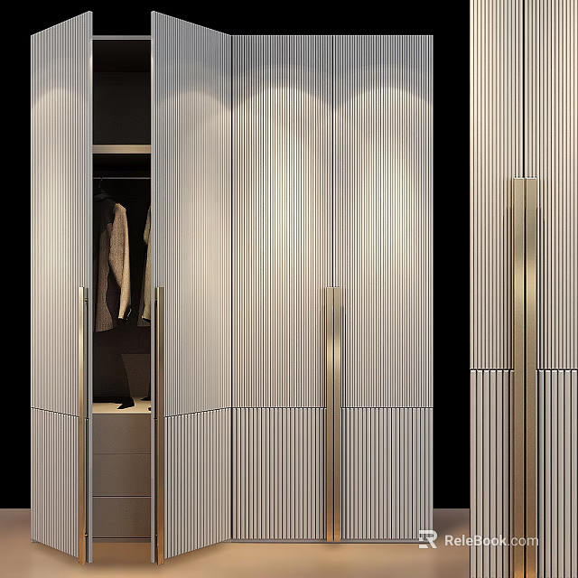 Modern Wardrobe Interior Design With Striped Panels Open Doors Showing Hanging Clothes And Metal Handles 3d model 