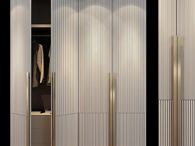 Modern Wardrobe Interior Design With Striped Panels Open Doors Showing Hanging Clothes And Metal Handles 3d model