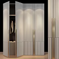 Modern Wardrobe Interior Design With Striped Panels Open Doors Showing Hanging Clothes And Metal Handles