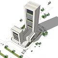 Modern Office Building Complex With Tall Structure And Surrounding Green Trees 3d model