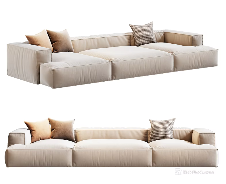 Modern Beige Three Seater Sofa With Comfortable Cushions And Modular Design 3d model 