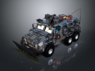 Military Armored Tank With Camouflage Paint Top Mounted Weapon Front Blade Six Wheels And Antenna 3d model