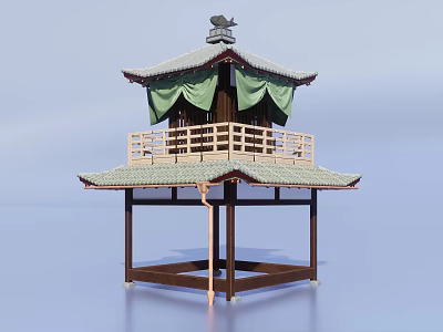 Traditional Two Tiered Garden Pavilion With Tiled Roof Green Curtains And Wooden Railings 3d model