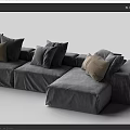 Modern Gray Upholstered L shaped Sectional Sofa With Multiple Brown Striped Cushions 3d model