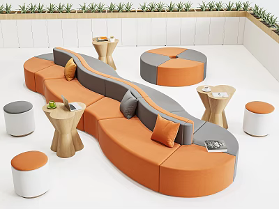Modern Curved Public Seating With Orange Gray Cushions Small Round Tables And Plants 3d model