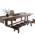 Modern Wooden Tea Table And Chairs With Walnut Surface Vase And Bench 3d model