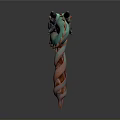 Mythical Dragon Head Weapon with Green Scales and Red Spiral Handle Design