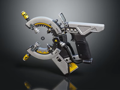 Futuristic Metallic Weapon Featuring Yellow And Gray Circular Design Mechanical Structure And Detailed Grip 3d model