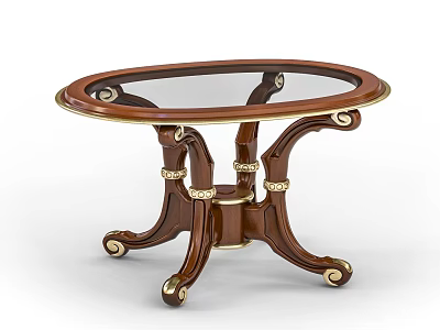 Elegant Oval Wooden Dining Table With Glass Top And Gold Decorative Legs 3d model