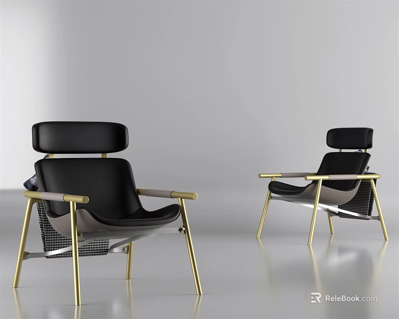 Modern Black Leather Leisure Chair With Gold Metal Frame And Armrest Design 3d model 