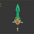 Green and Gold Fantasy Sword with Ornate Hilt and Decorative Blade Design